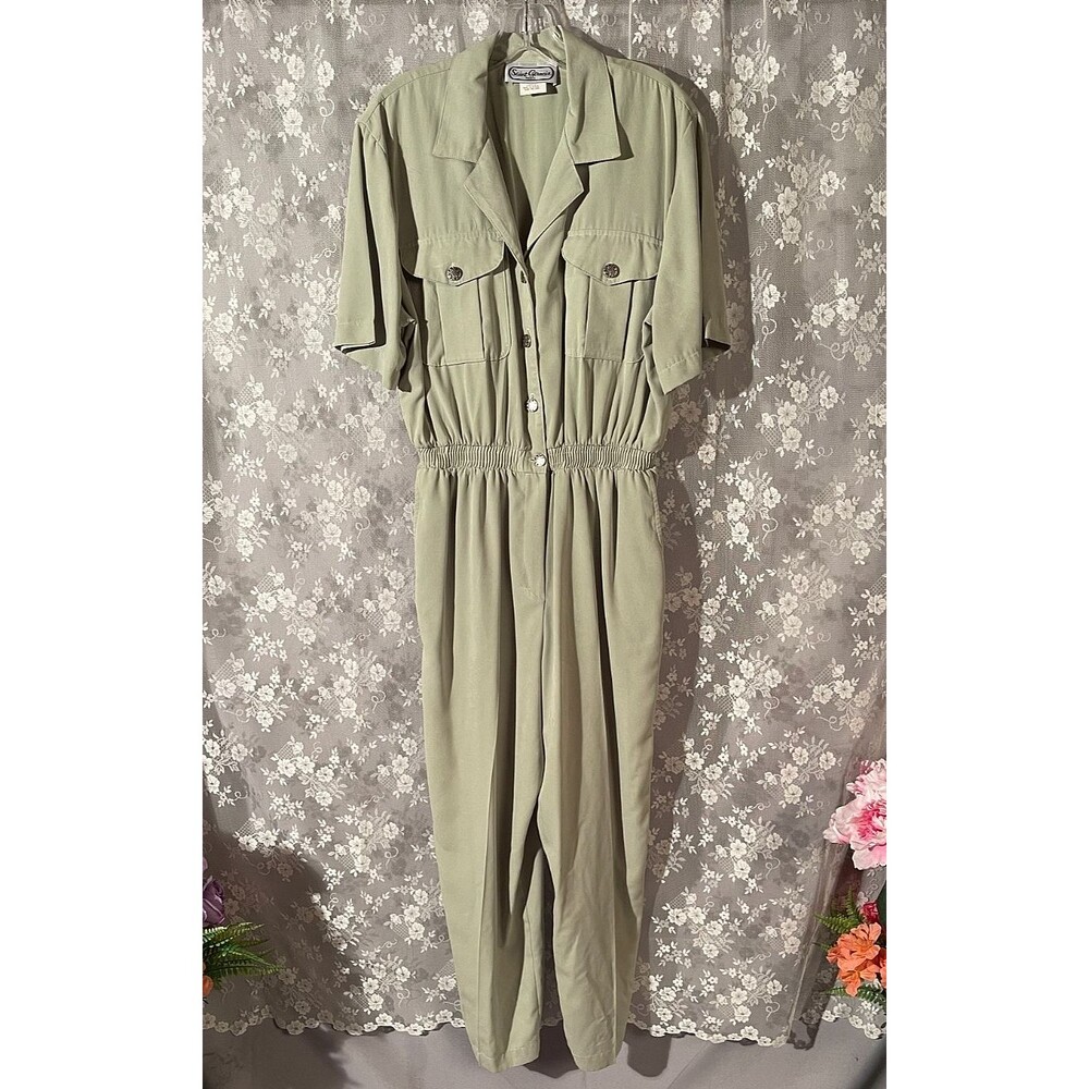 Vintage 90s Sage Green Jumpsuit Size Large Utility Safari Cargo Minimalist